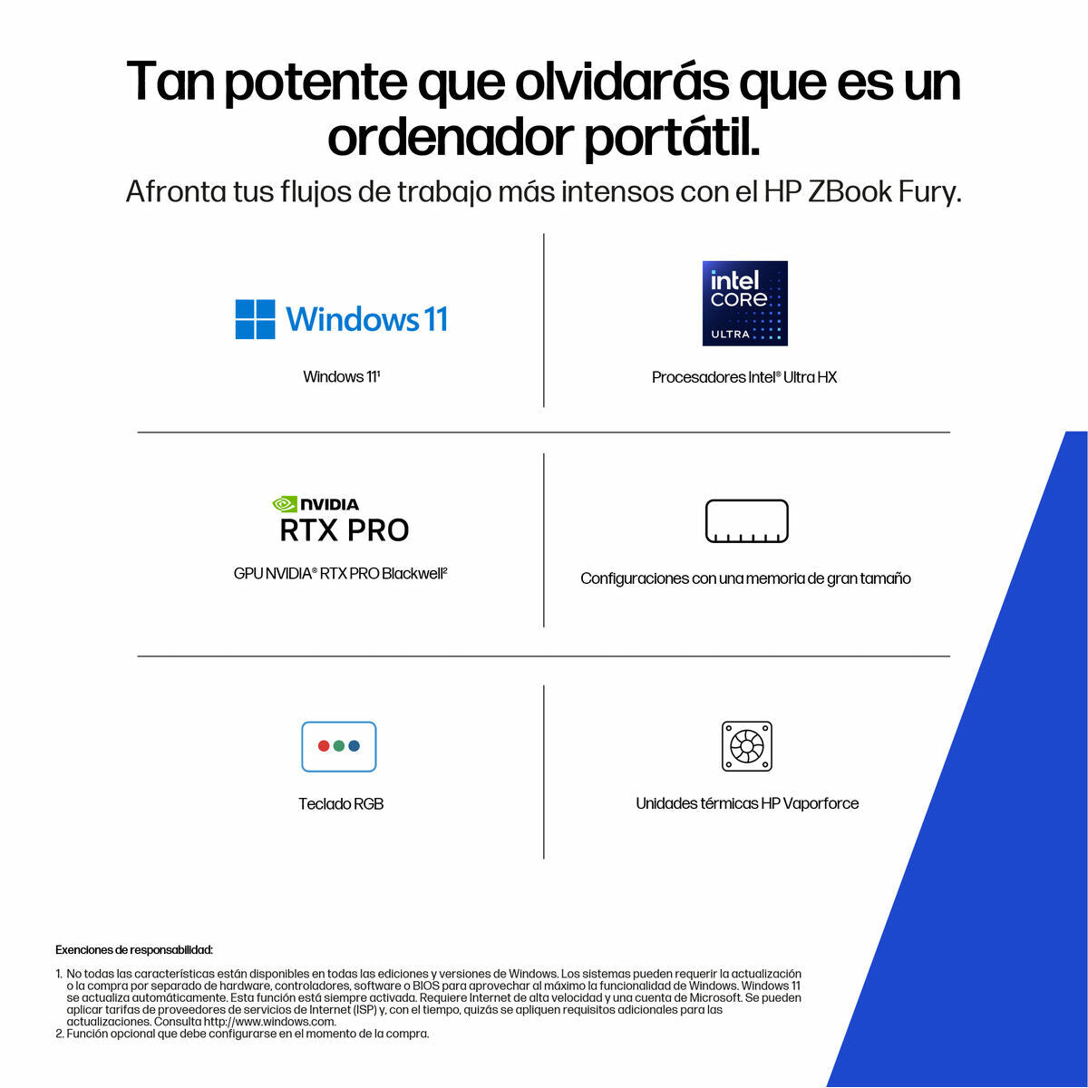 Image showcasing features of HP ZBook Fury: Windows 11, Intel Core Ultra, NVIDIA RTX Pro, RGB keyboard, thermal units.