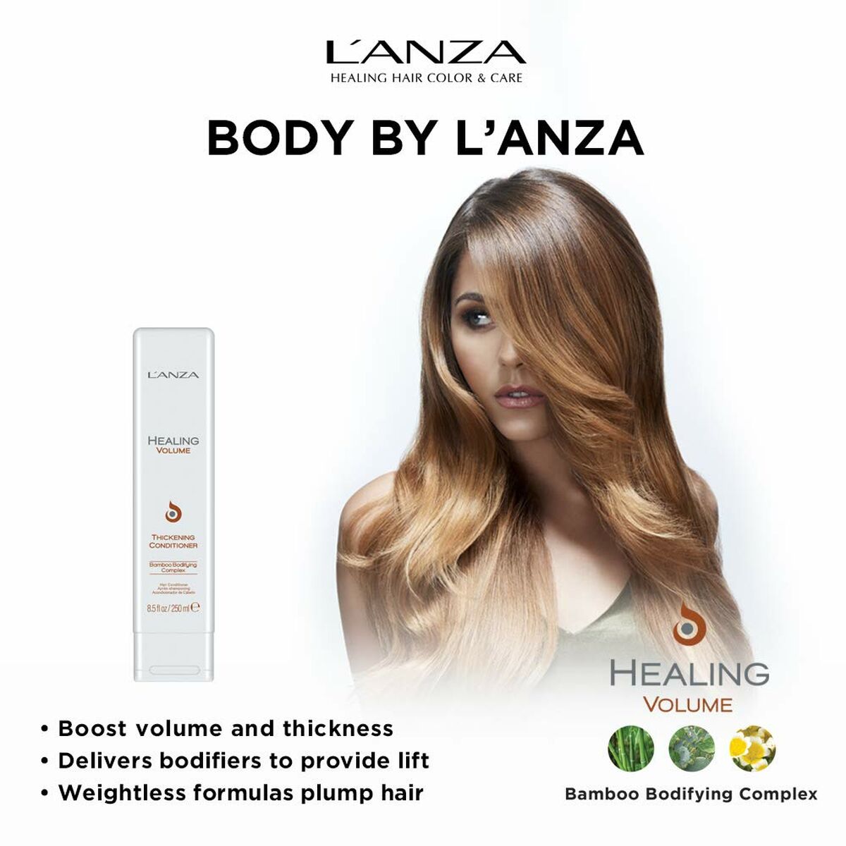 L'ANZA Healing Volume conditioner boosts hair volume with a nourishing formula for all hair types, 250ml bottle.