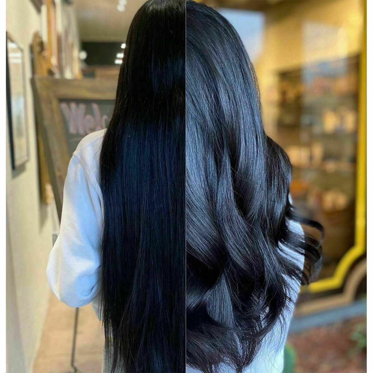 Before and after showing smooth, shiny hair transformation with L'ANZA Keratin Healing Oil.