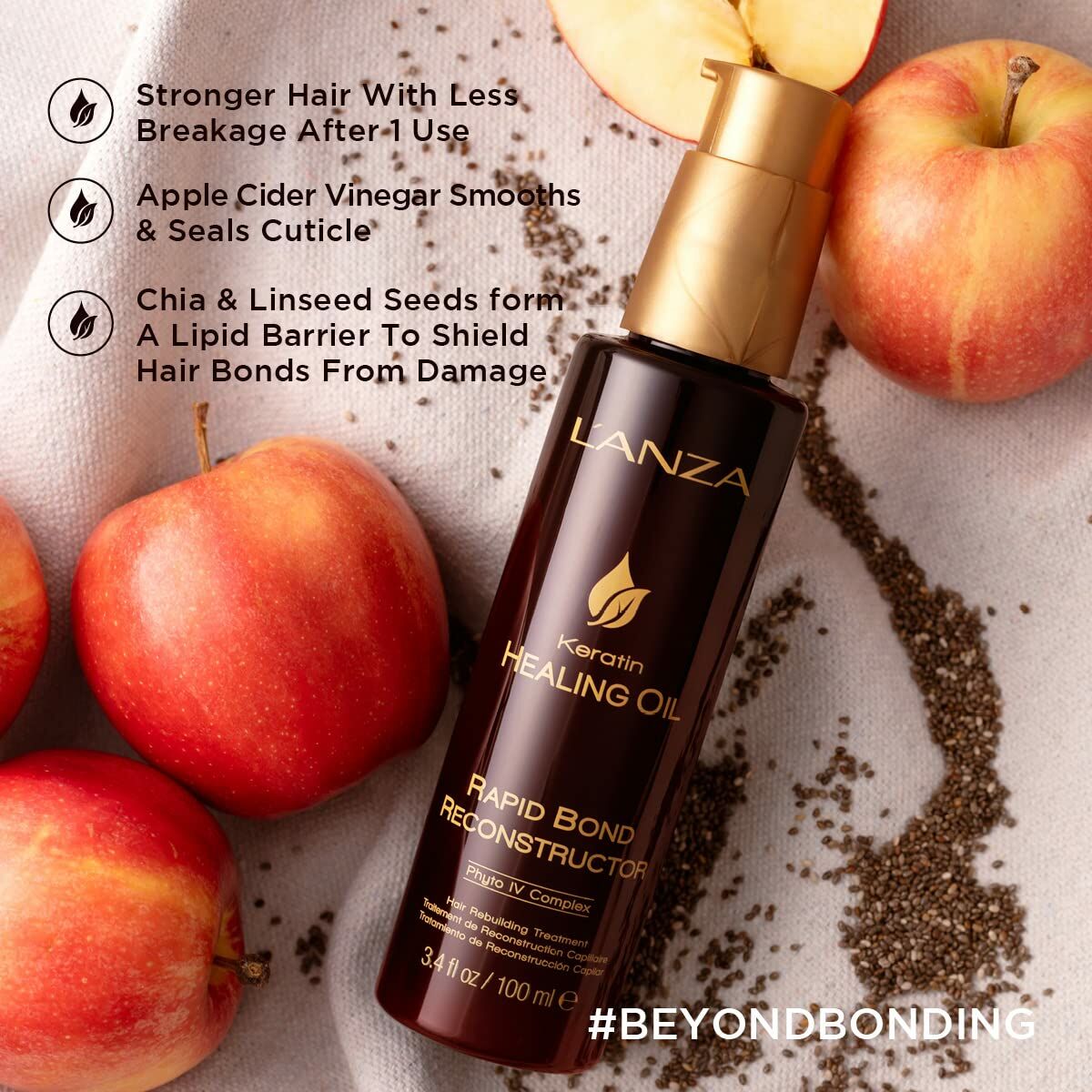 Crème stylisant L'ANZA Keratin Healing Oil 100 ml with apples, promoting stronger hair and smoother cuticles.