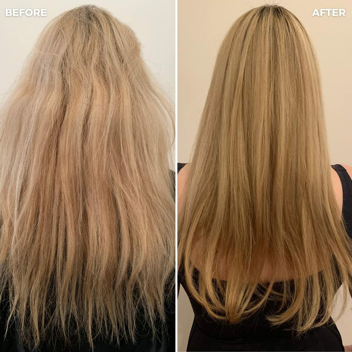 Before and after transformation showcasing smooth and shiny hair using L'ANZA Keratin Healing Oil.