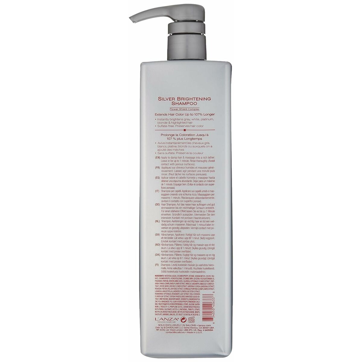 L'ANZA Minu Silver Brightening Shampoo 1 L bottle with pump for vibrant hair care.