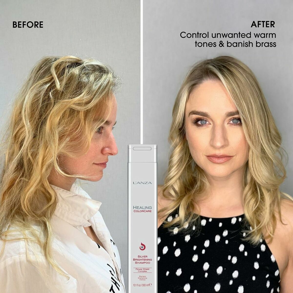 Before and after using L'ANZA Healing Colorcare Shampoo to eliminate brassiness and enhance blonde hair.