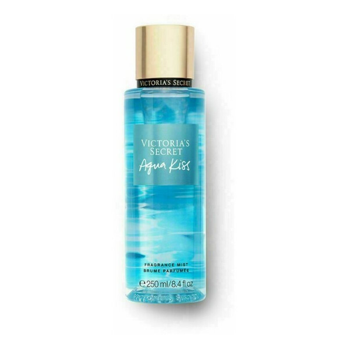 Victoria's Secret Aqua Kiss EDT 250 ml bottle with blue liquid and gold cap, perfect for refreshing fragrance.
