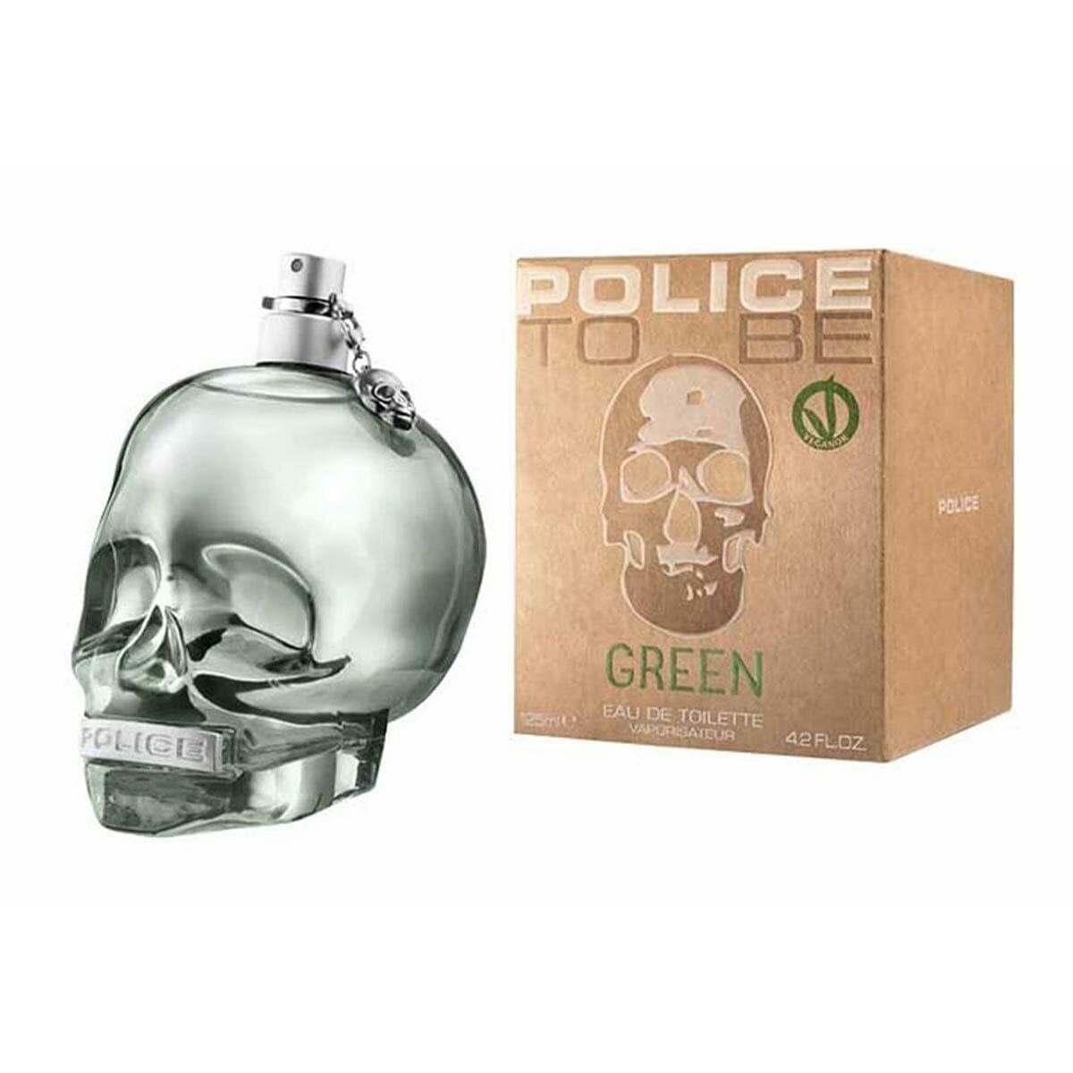Parfum Unisexe Police To Be Green EDT 75 ml, flacon en forme de crâne avec emballage éco-responsable.