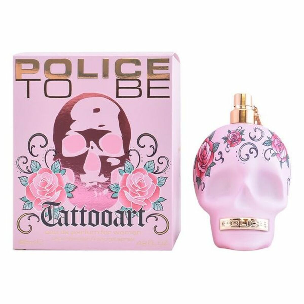 Parfum Femme To Be Tattoo Art Police EDP 125 ml in skull-shaped bottle with floral design and pink packaging.