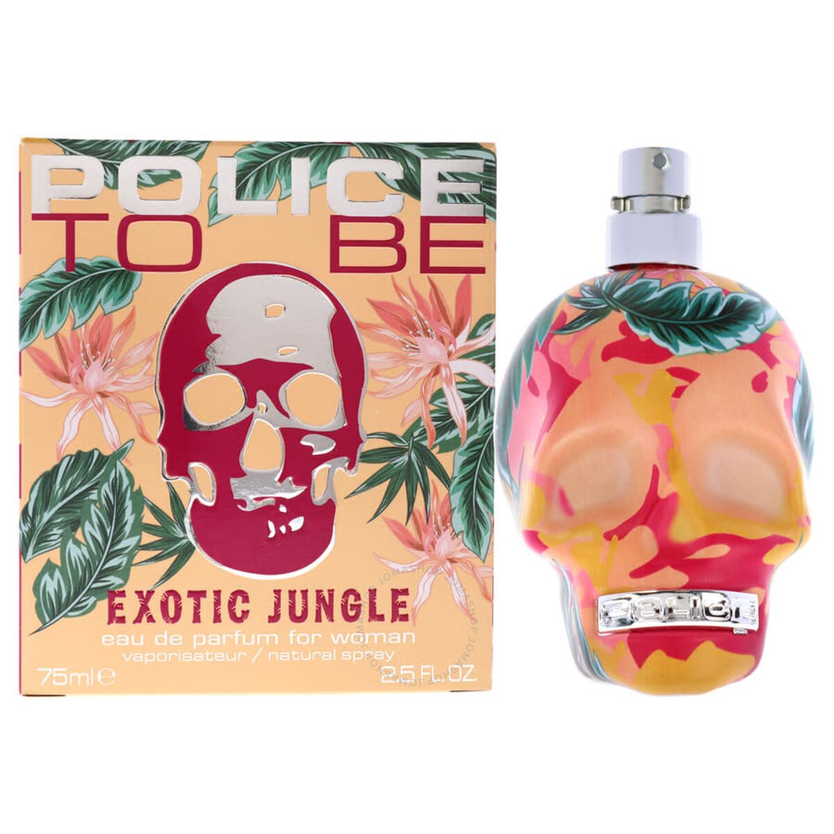 Parfum Femme Police To Be Exotic Jungle EDP 75 ml with colorful skull bottle and vibrant tropical packaging.