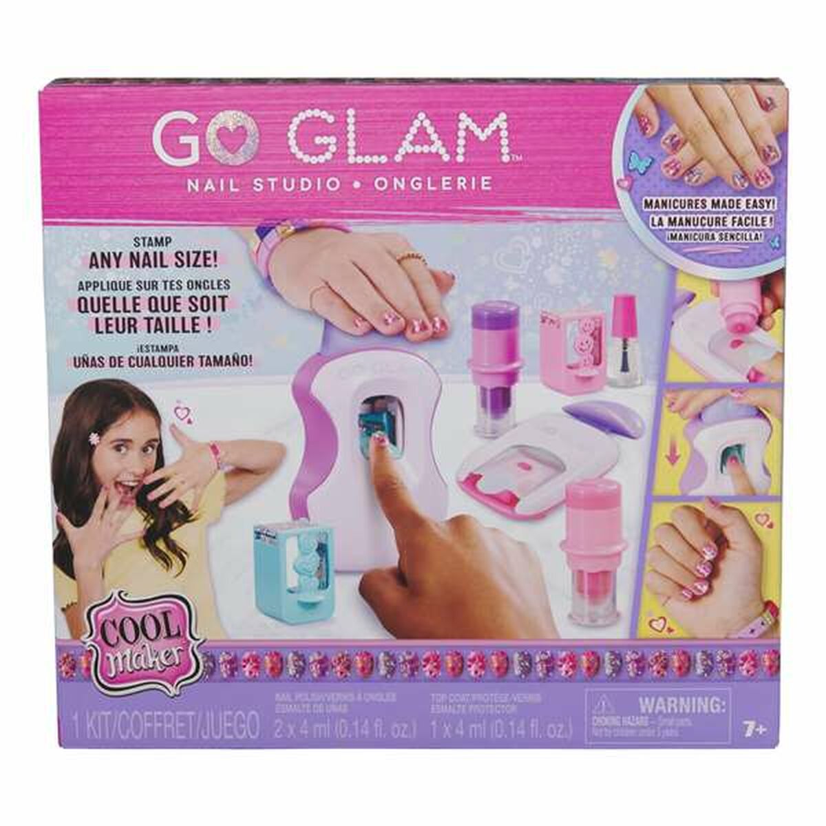 Go Glam Nail Studio kit by Cool Maker for customizing nails, suitable for ages 7+, colorful and fun design.