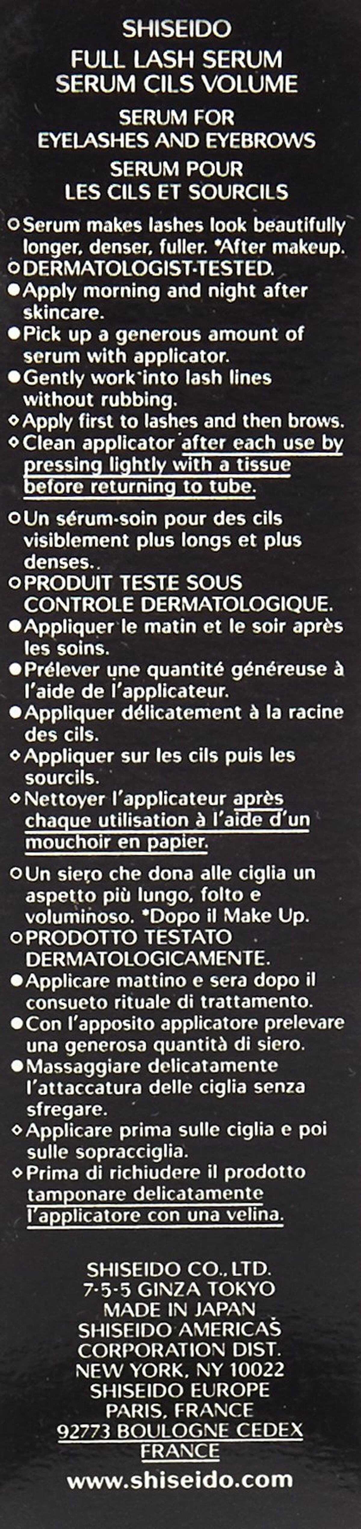 Instructions for using Shiseido Full Lash Serum for eyelashes and eyebrows, highlighting application steps and benefits.