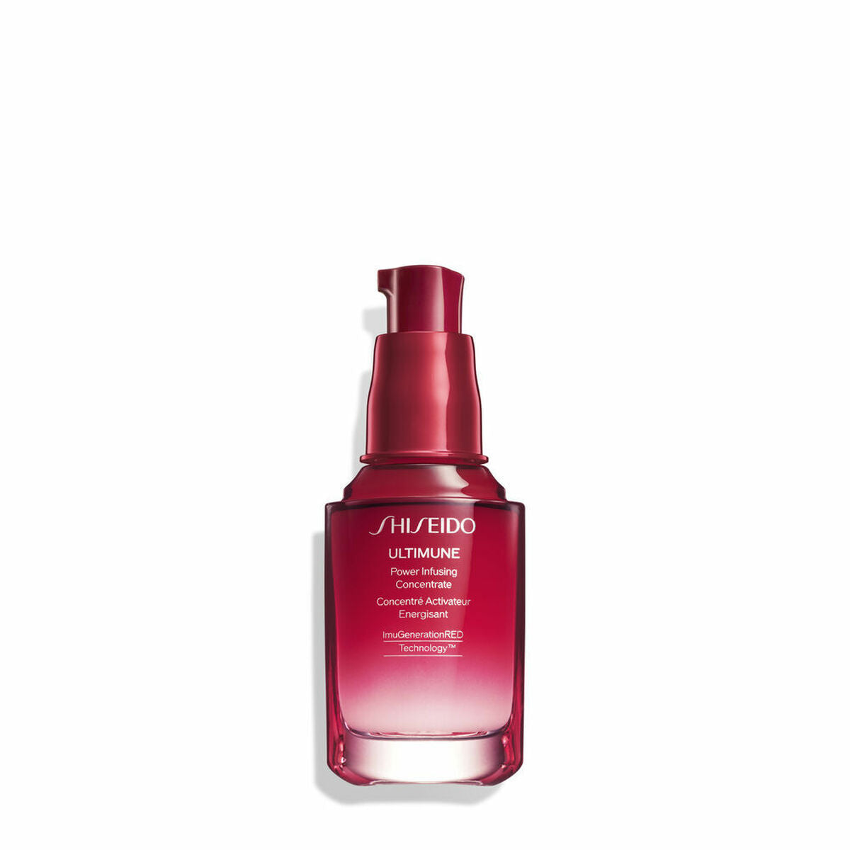 Sérum anti-âge Shiseido Ultimune Power Infusing Concentrate 30 ml, flacon rouge avec pompe, soin de la peau