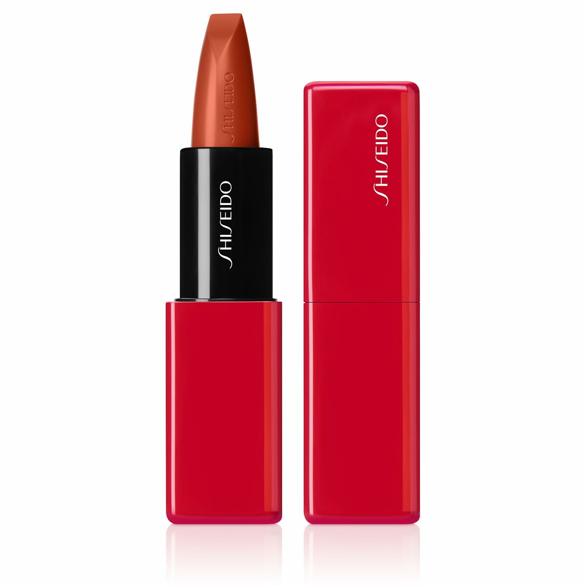 Rouge à lèvres Shiseido Technosatin Nº 414 Upload 3,3 g, couleur chocolat, emballage élégant, cosmétique unisexe.