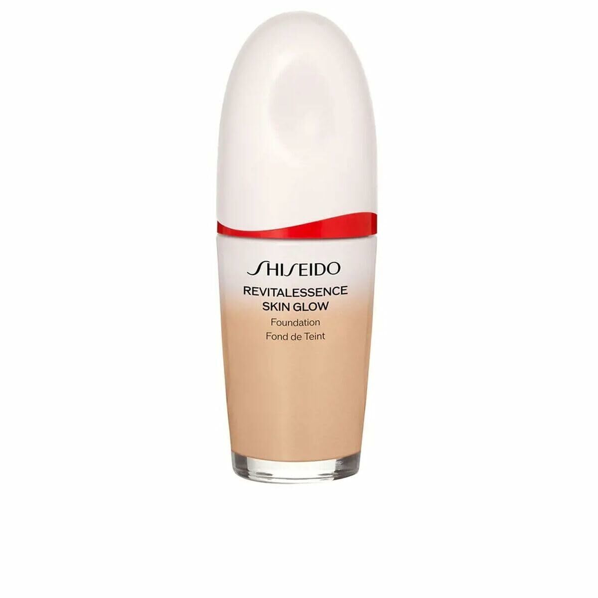 Base de maquillage liquide Shiseido Revitalessence Skin Glow en flacon, finition douce et radiant.