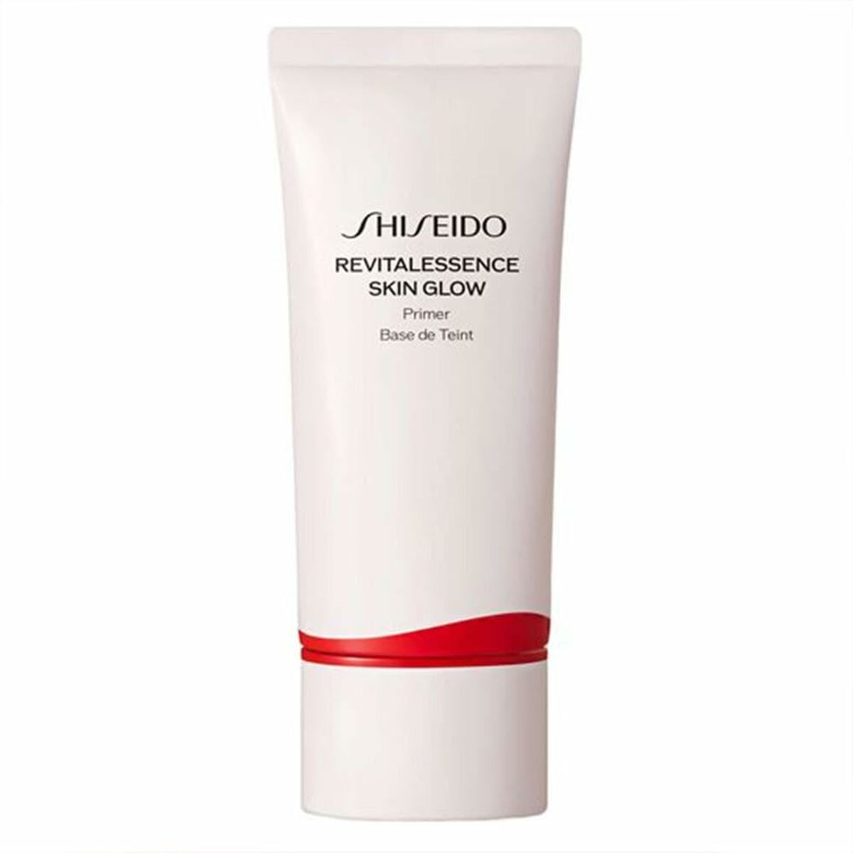 Shiseido Revitalessence Skin Glow Primer tube, skin-perfecting base for all skin types, non-comedogenic and fragrance-free.
