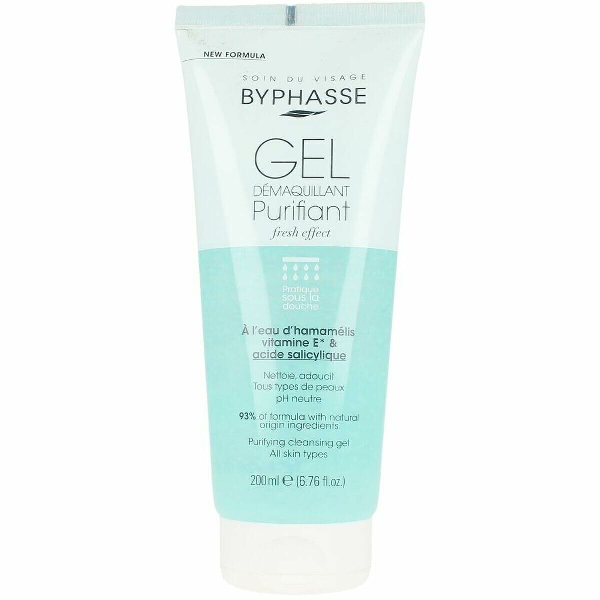 Gel Démquillant Purifiant Byphasse 200ml, nettoie toutes peaux, formule fraîche à l'eau d'hamamélis et vitamine E.