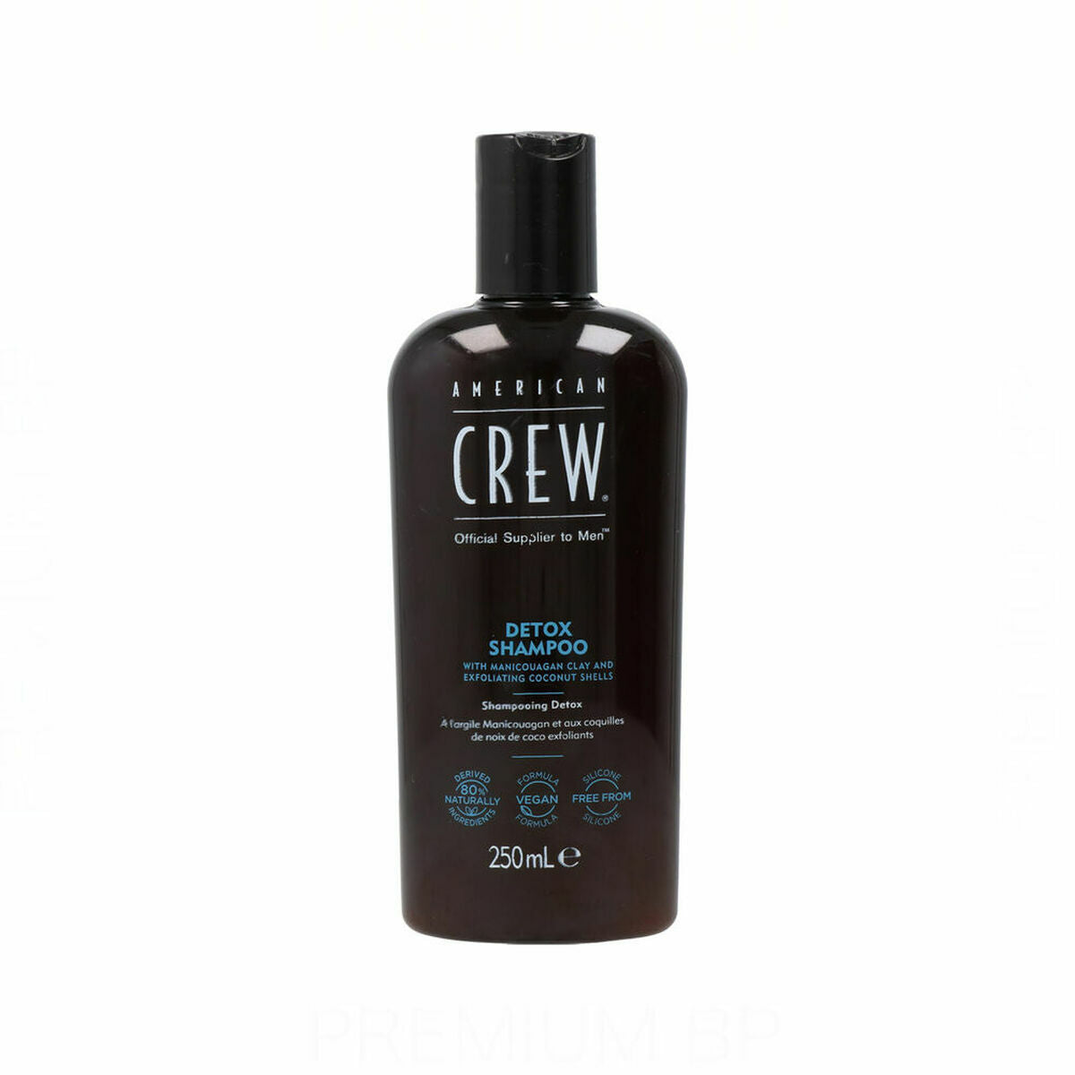 Shampoing Purifiant American Crew Détoxifiant 250 ml pour hommes, végan et authentique, idéal pour un nettoyage en profondeur.