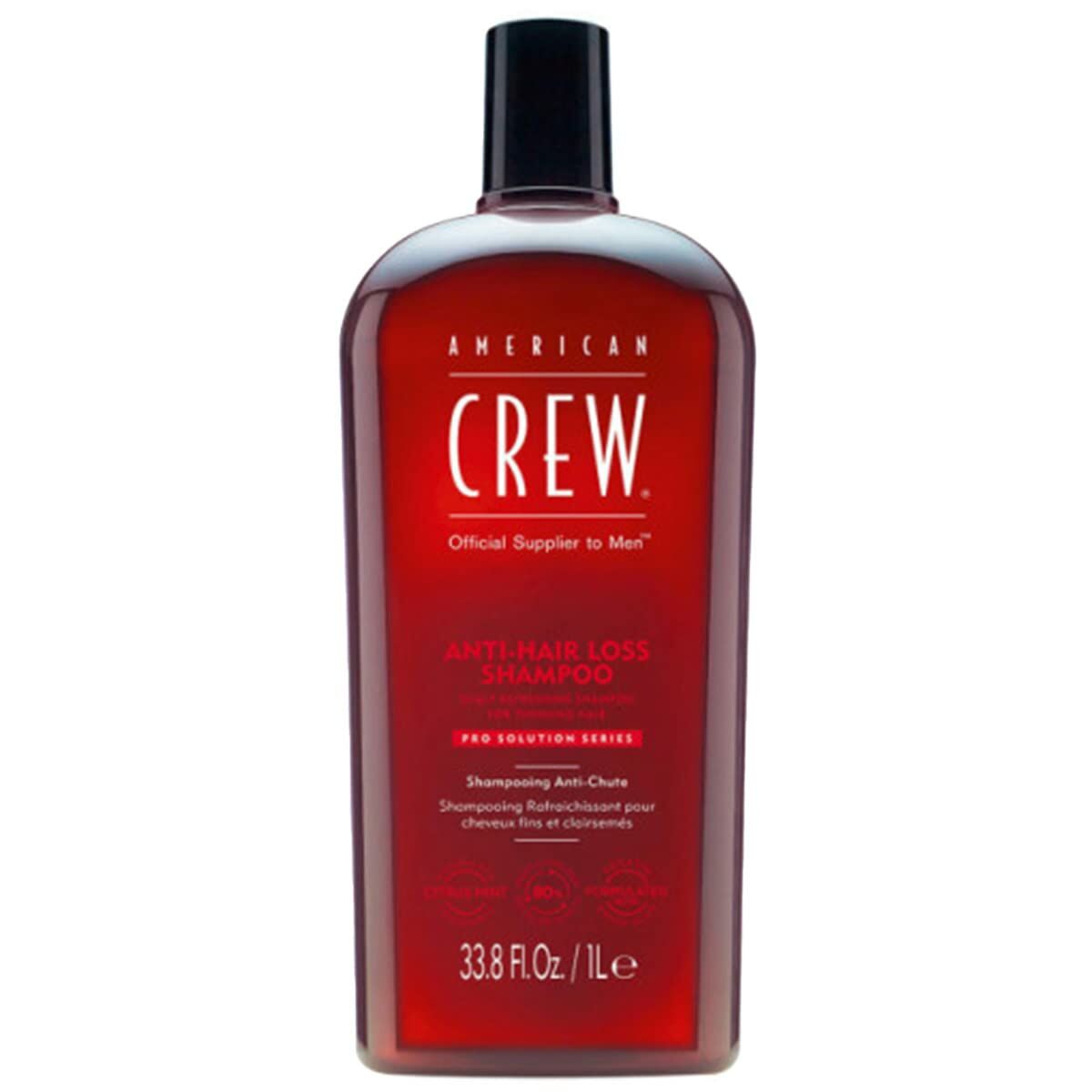 American Crew 1L anti-hair loss shampoo bottle for fine and fragile hair, promoting beauty and hair health.
