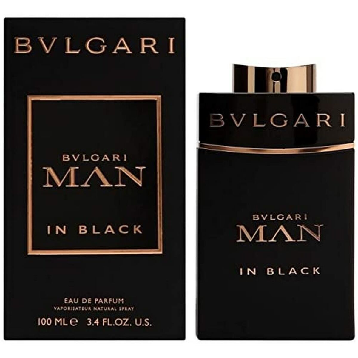 Bvlgari Man in Black EDP 100 ml fragrance bottle and box, luxurious men's perfume, Eau de Parfum.