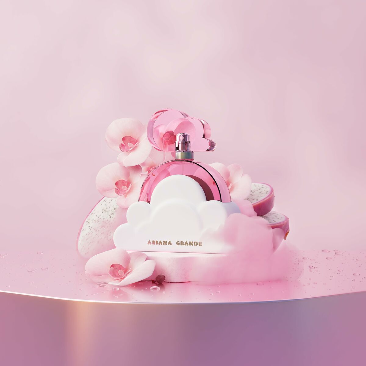 Ariana Grande Cloud Pink EDP perfume bottle surrounded by pink flowers on a pastel background.
