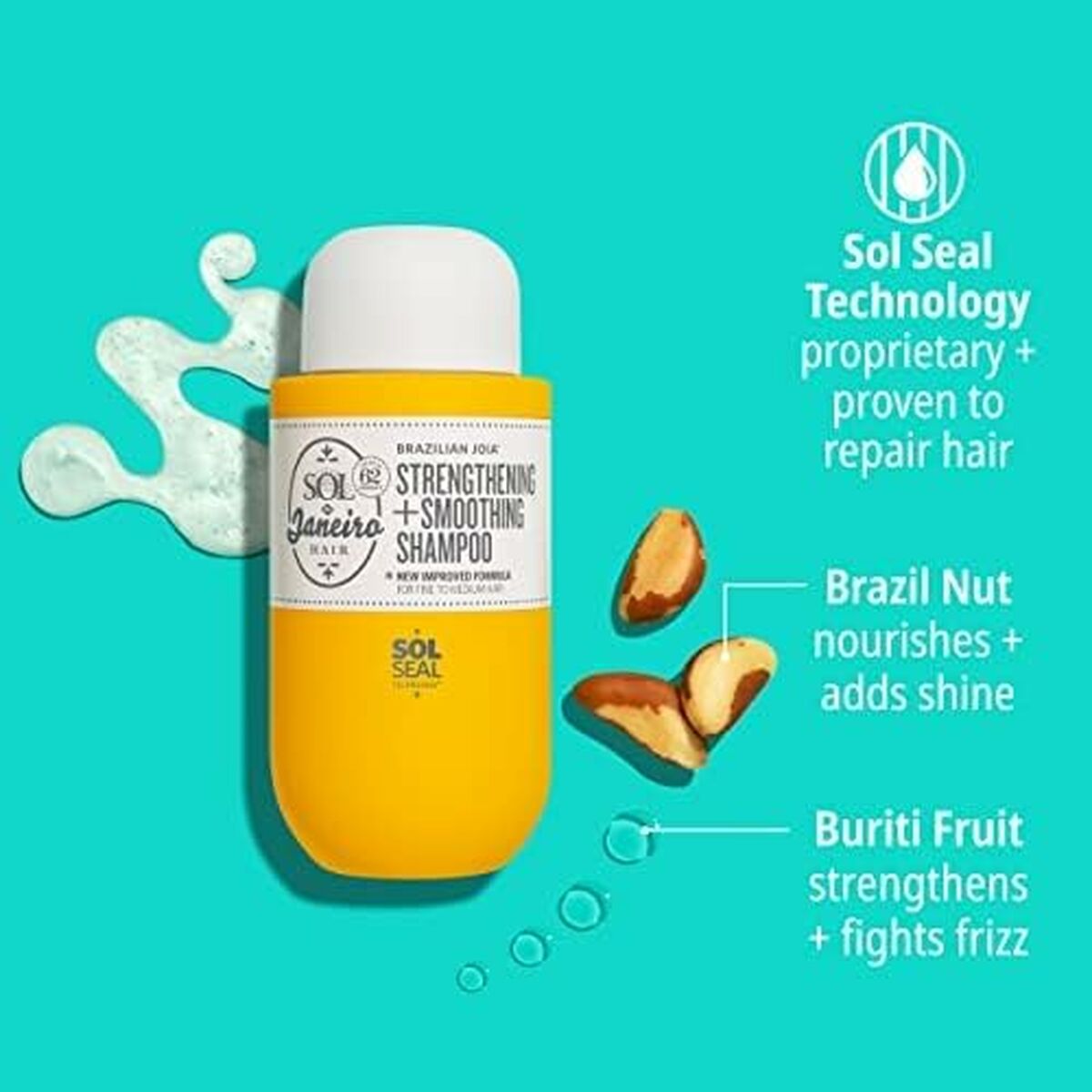 Shampooing lissant Sol De Janeiro BRAZILIAN JOIA 295 ml, végan, sans sulfate, riche en huile de noix du Brésil.