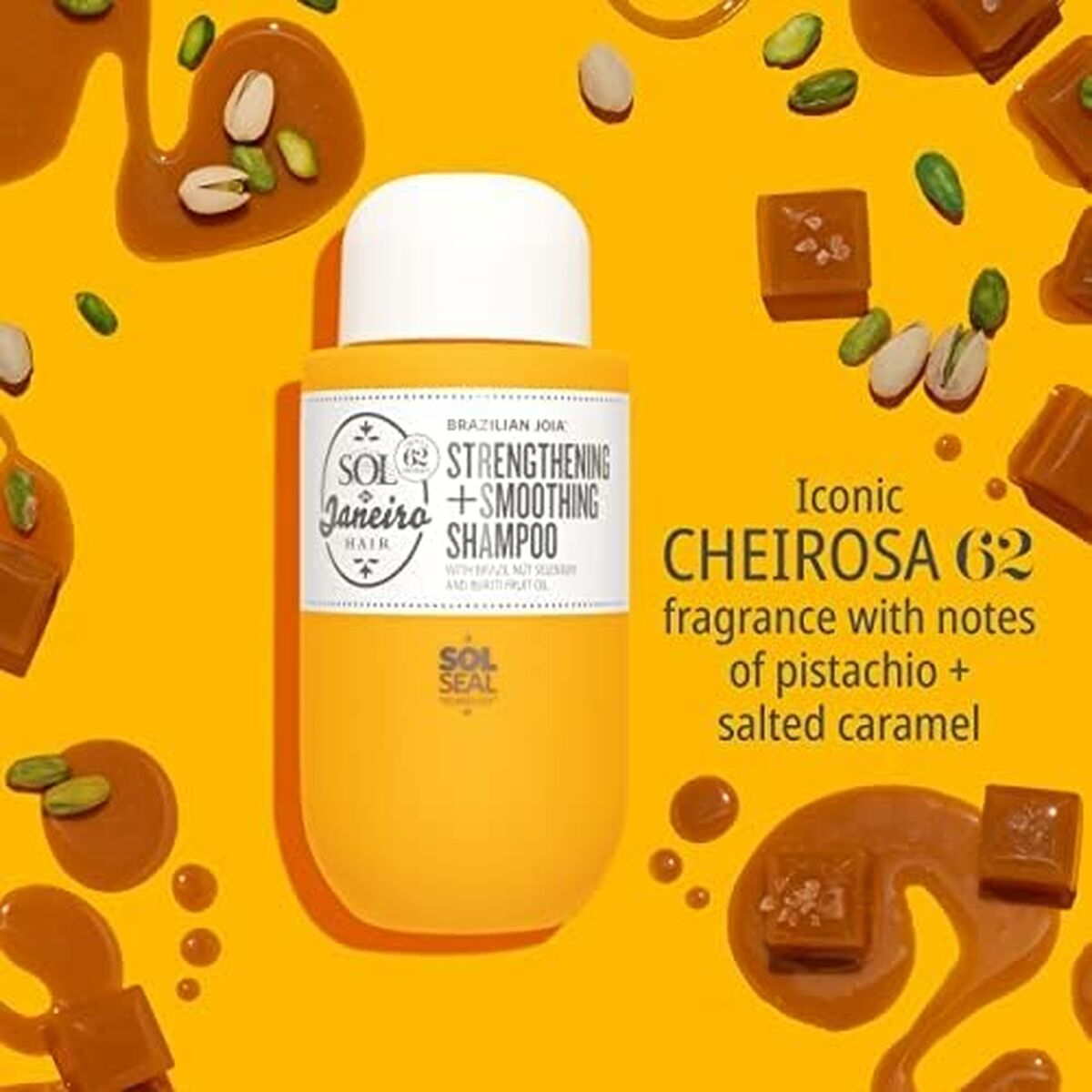 Shampoo Sol De Janeiro BRAZILIAN JOIA 295 ml, vegan, sulfate-free, unisex, with Cheirosa 62 fragrance of pistachio and salted caramel.