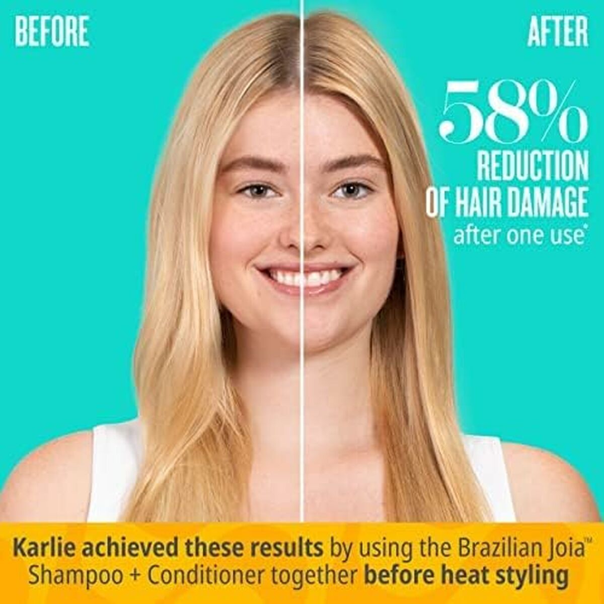 Before and after image showing 58% reduction of hair damage after using Sol De Janeiro Brazilian Joia Shampoo and Conditioner.