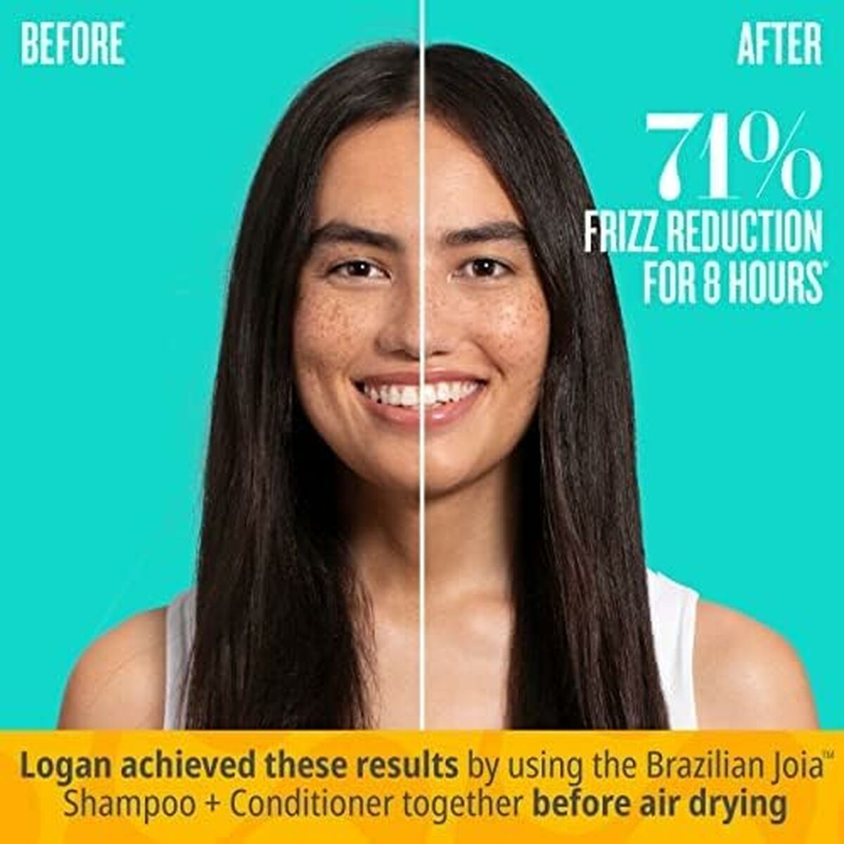Before and after showing 71% frizz reduction using Sol De Janeiro Brazilian Joia Shampoo and Conditioner.