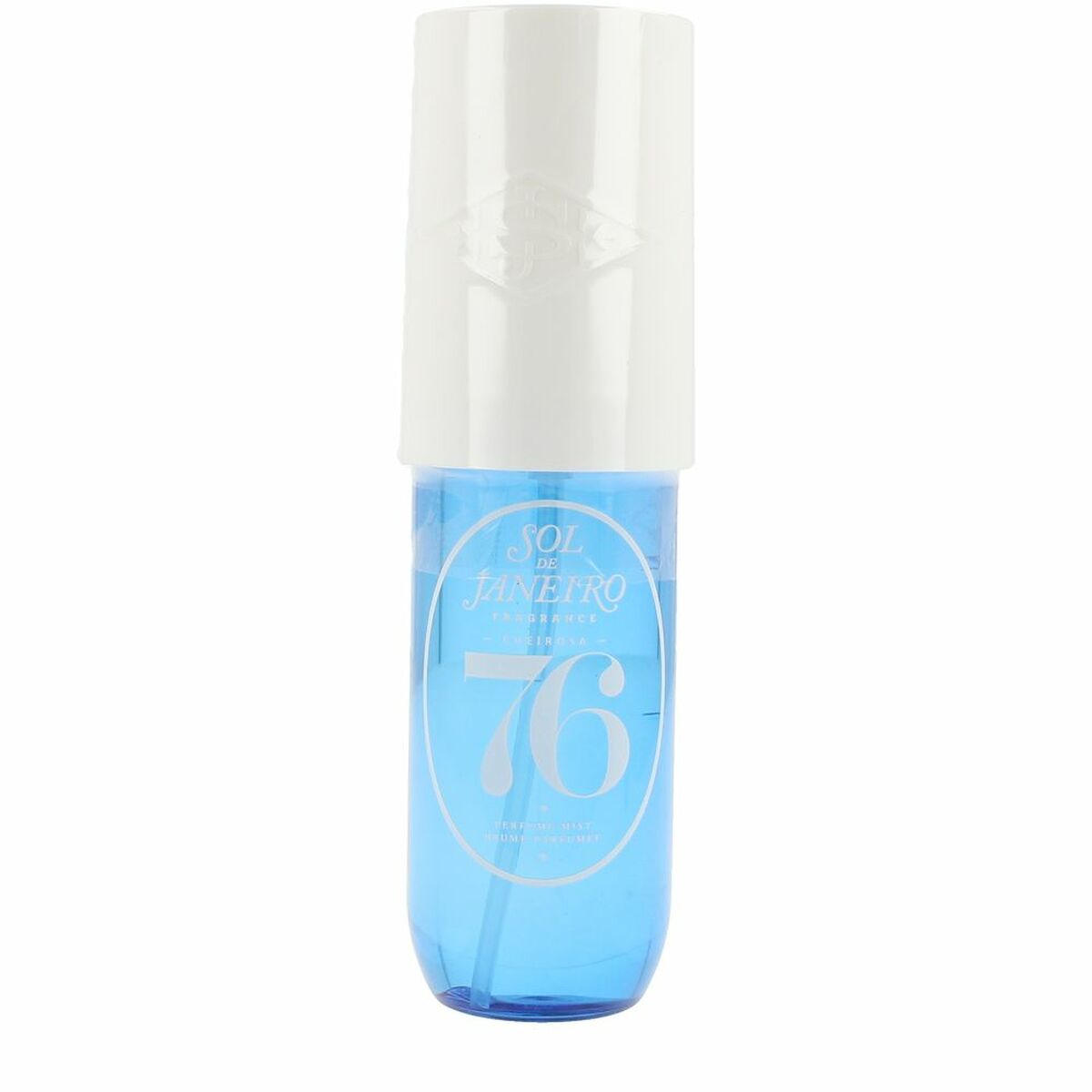 Parfum unisexe Sol de Janeiro CHEIROSA en flacon bleu avec couvercle blanc, élégamment conçu.