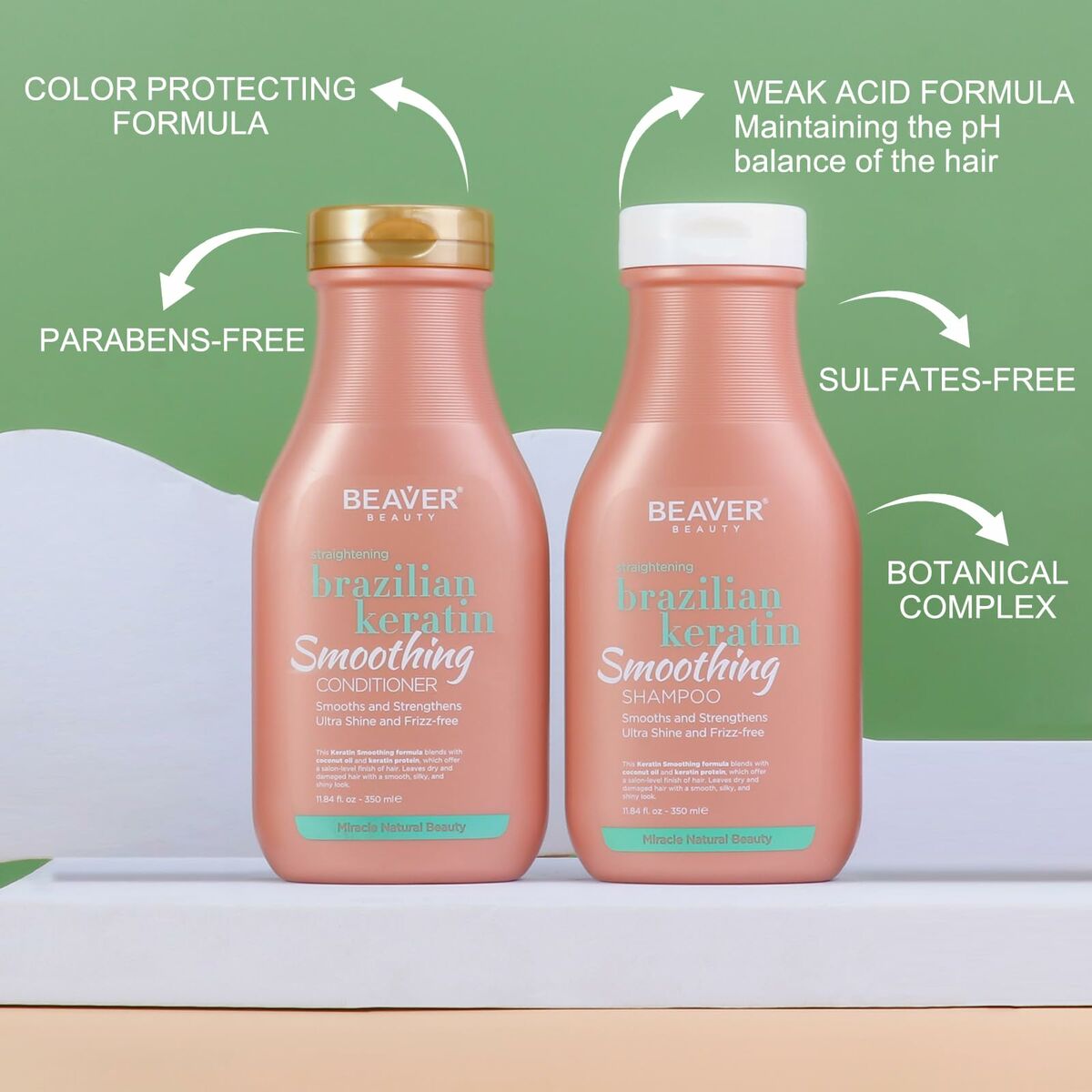 Beaver Brazilian Keratin Smoothing Shampoo and Conditioner, paraben-free, sulfate-free, with color protecting formula.