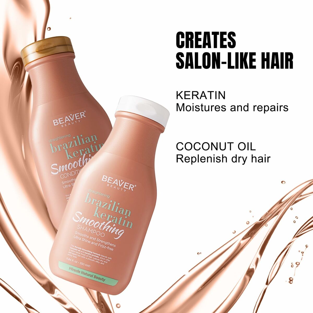 Beaver Brazilian Keratin Shampoo and Conditioner bottles, promoting salon-like hair with keratin and coconut oil benefits.