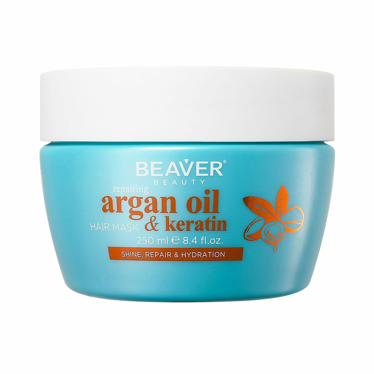 Masque réparateur Beaver ARGAN OIL & KERATIN 250 ml pour cheveux abîmés et secs, sans sulfate et sans parabènes.