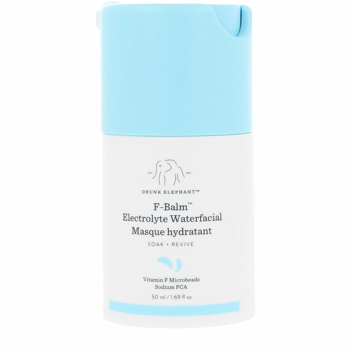 Drunk Elephant F-Balm Electrolyte Waterfacial 50ml hydrating mask with blue cap for nighttime skincare.