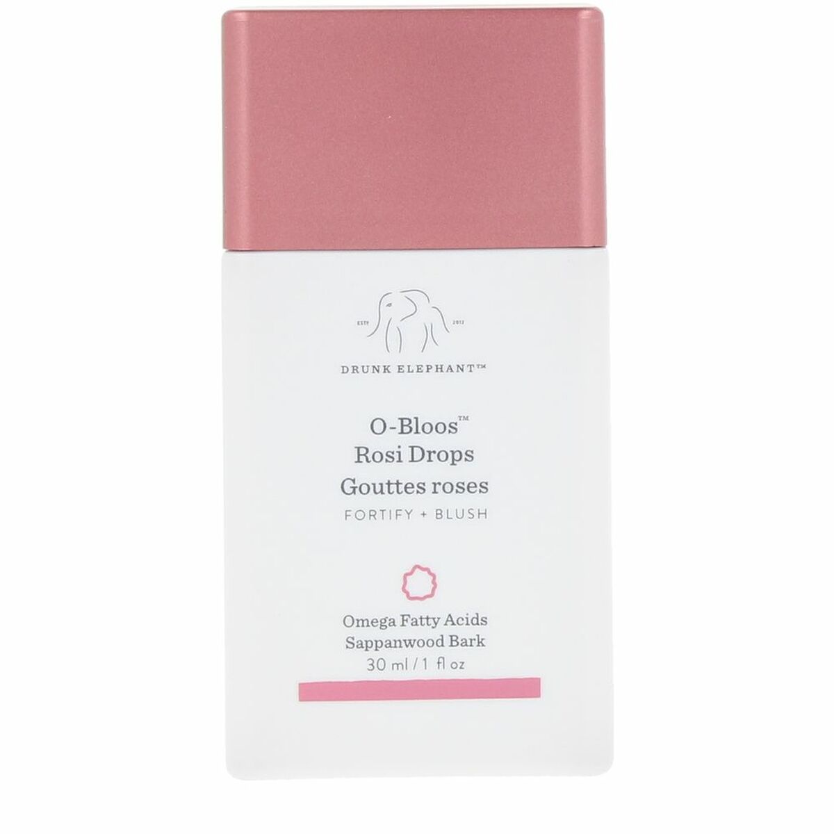 Sérum visage Drunk Elephant O-Bloose Rosy Drops 30 ml avec packaging rose et blanc pour une peau éclatante.
