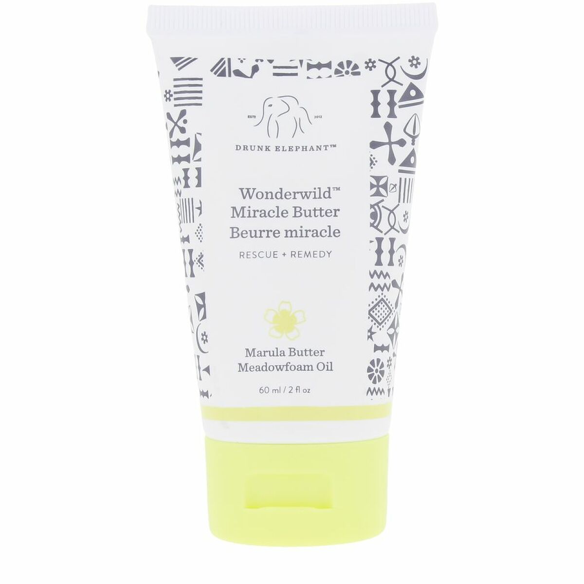 Lotion corporelle Drunk Elephant WONDERWILD MIRACLE 60 ml, sans parfum ni silicone, idéale pour peau sèche.