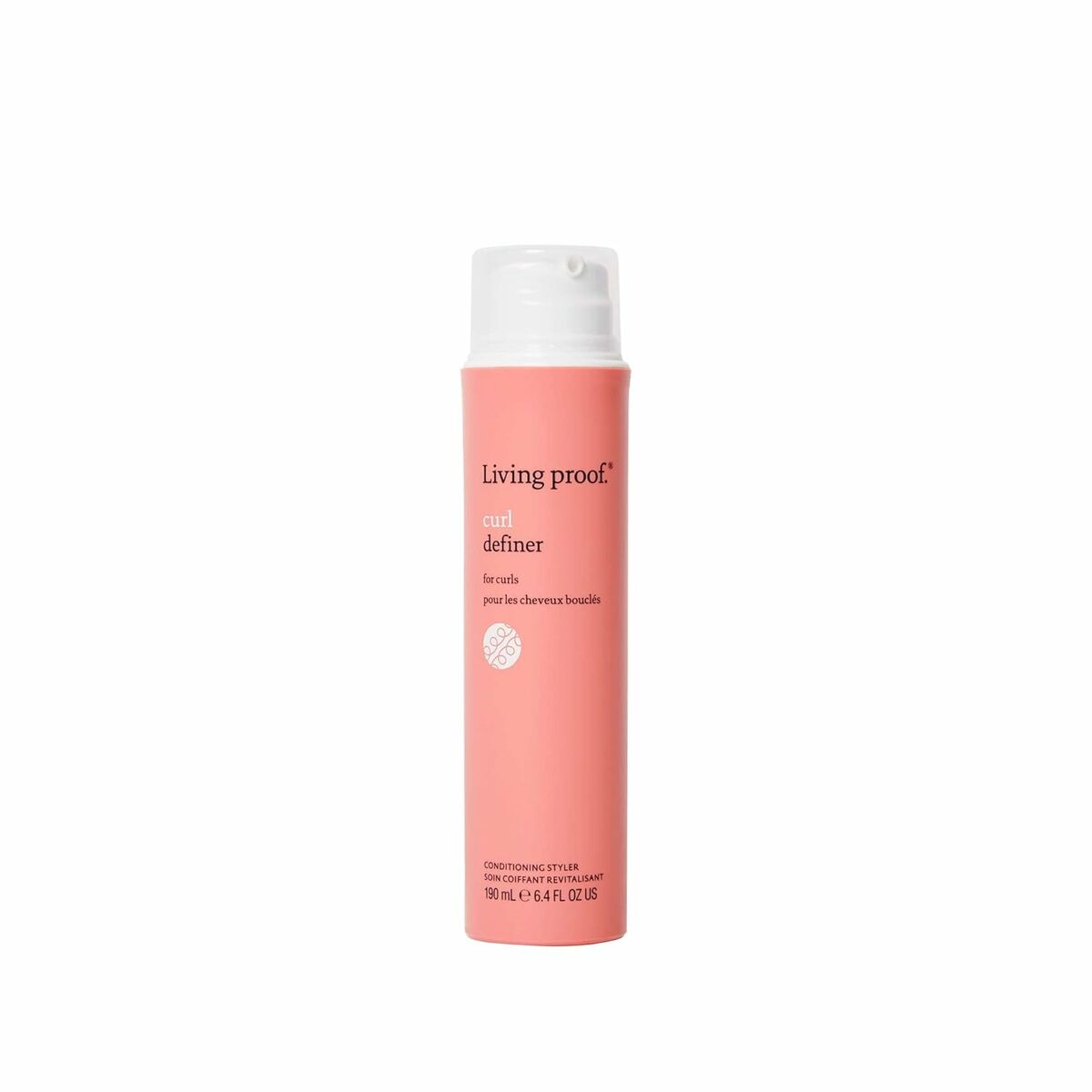 Fluide de définition de boucle Living Proof Curl 190 ml en flacon rose pour boucles fortes et définies.