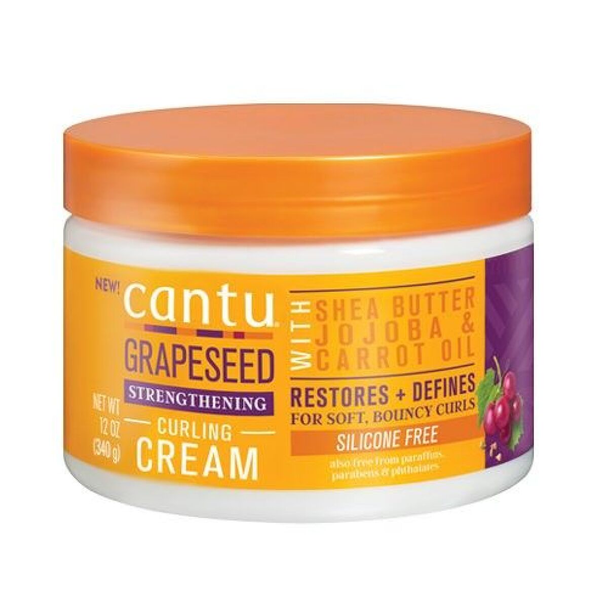 Cantu Grapeseed Curling Cream with Shea Butter, Jojoba, and Carrot Oil for soft, bouncy curls, silicone-free, 340g.