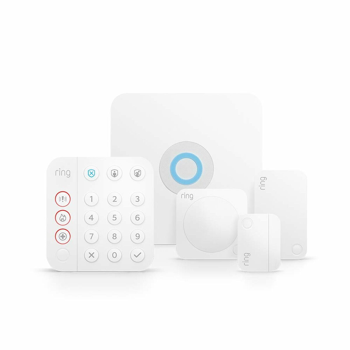Système de sécurité Amazon B08L5TWL9D Blanc avec quatre pièces blanches sans fil et connectivité Wi-Fi.