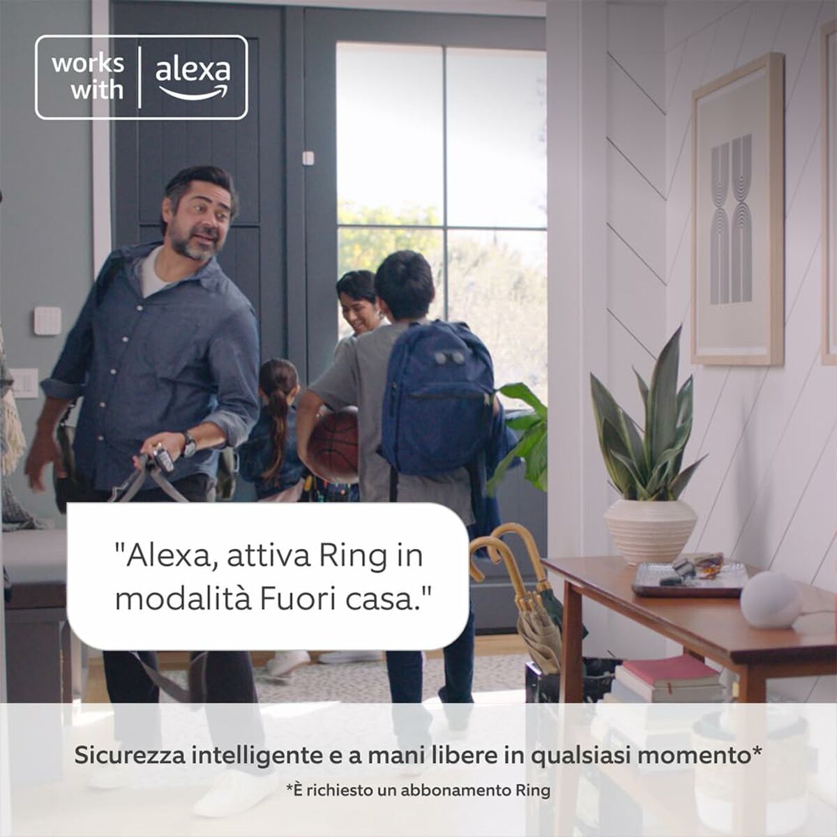 Person using Alexa to activate Ring security system in a modern home setting.
