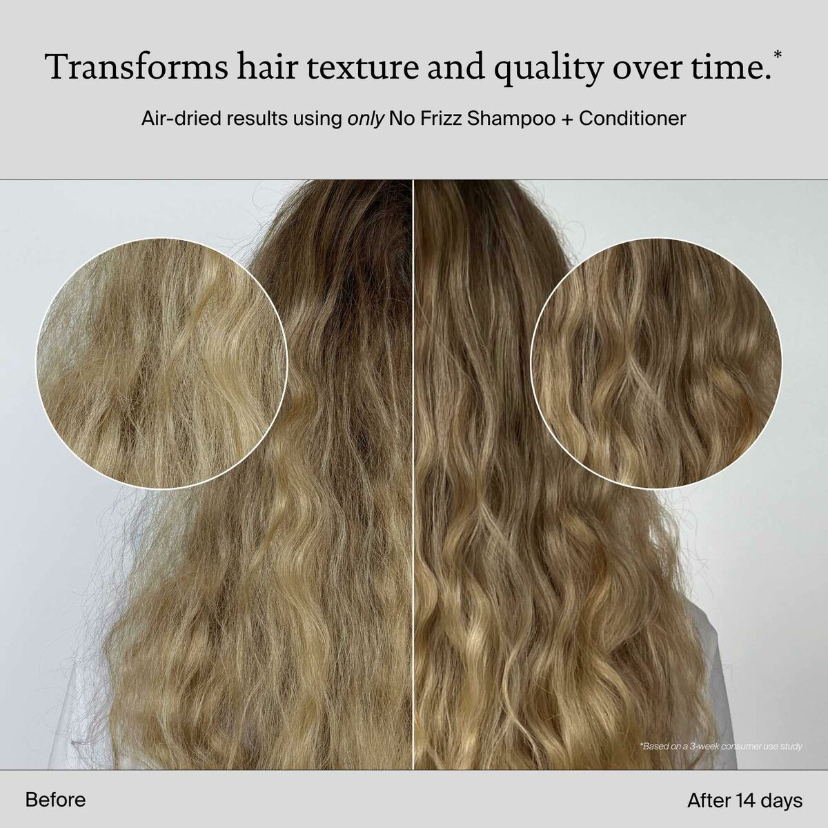 Before and after results of hair using Living Proof No Frizz Shampoo, showcasing improved texture and quality.