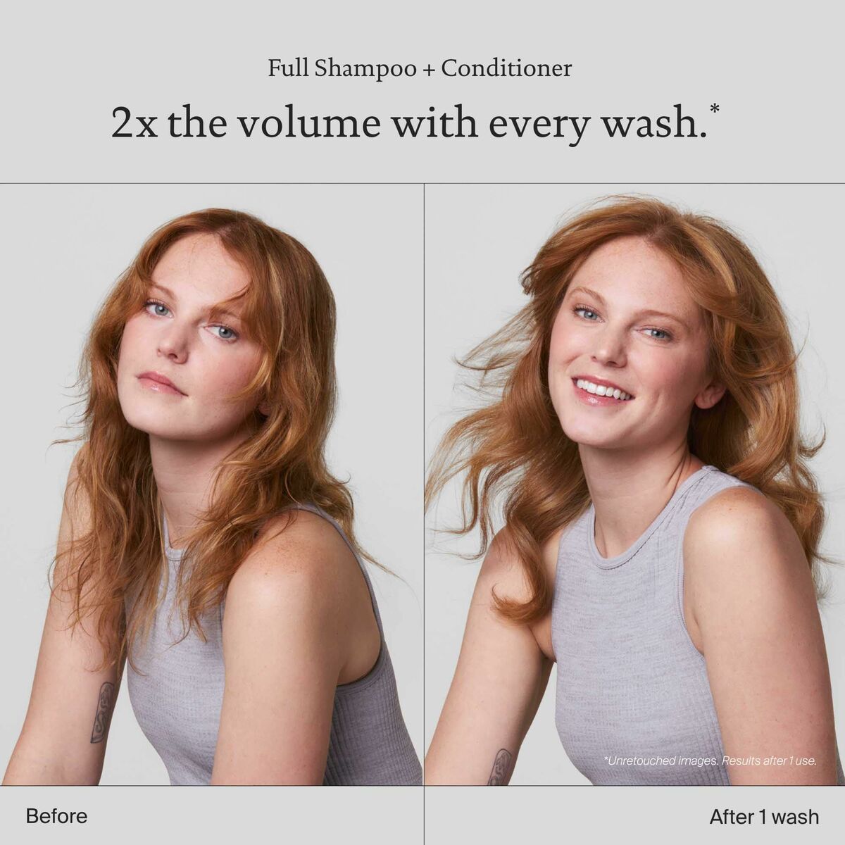 Before and after using Living Proof Full shampoo and conditioner, showcasing doubled hair volume.