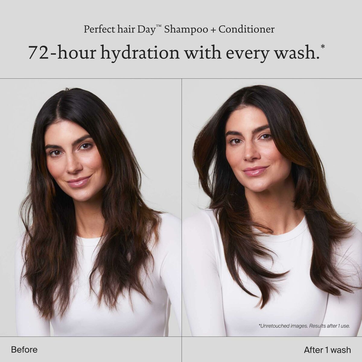 Before and after using Perfect Hair Day Shampoo and Conditioner showing enhanced hydration and shine.
