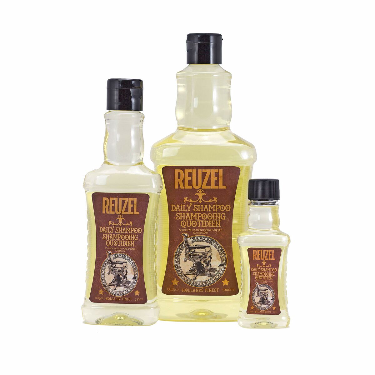 Bouteilles de Shampooing à Utilisation Quotidienne Reuzel en différentes tailles pour cheveux normaux.