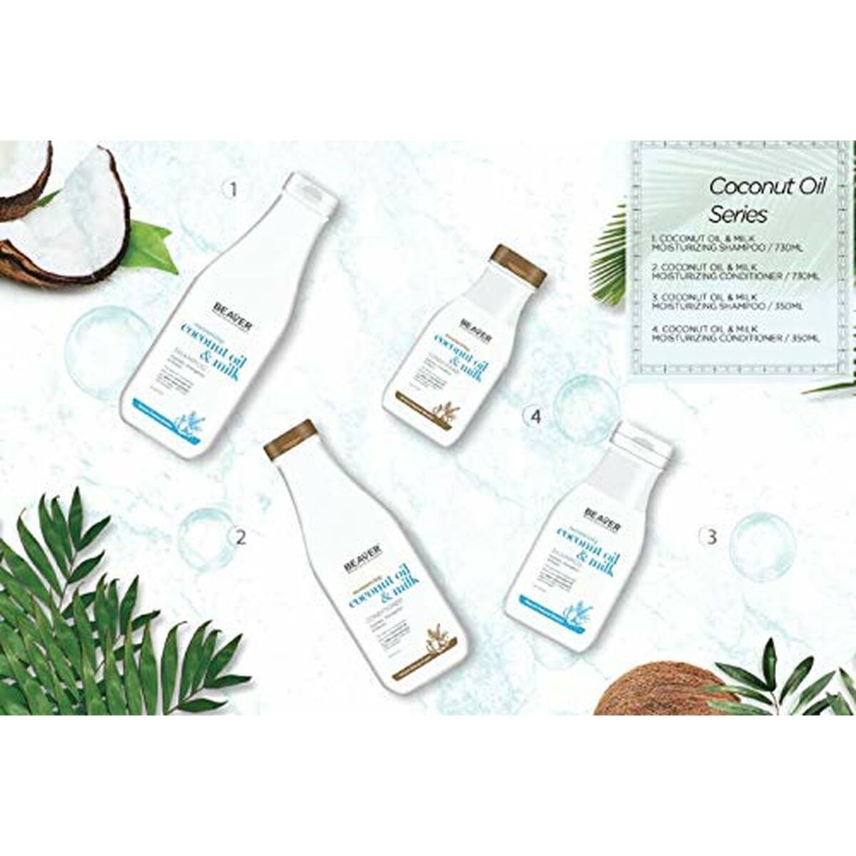 Beaver Coconut Oil Series featuring shampoo, conditioner, and treatment bottles with coconuts and tropical leaves.