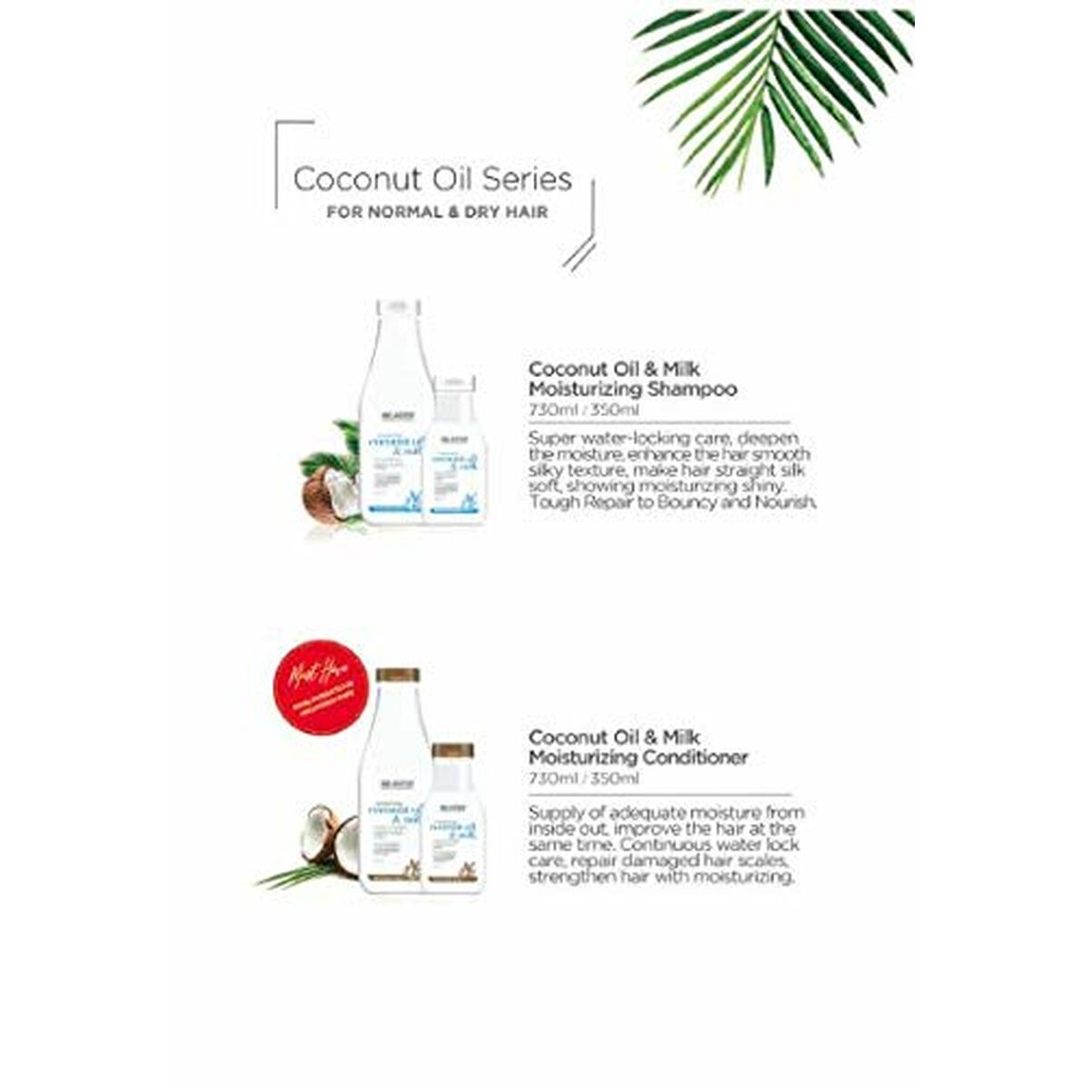 Coconut Oil Series for Normal & Dry Hair featuring moisturizing shampoo and conditioner for hydration and nourishment.