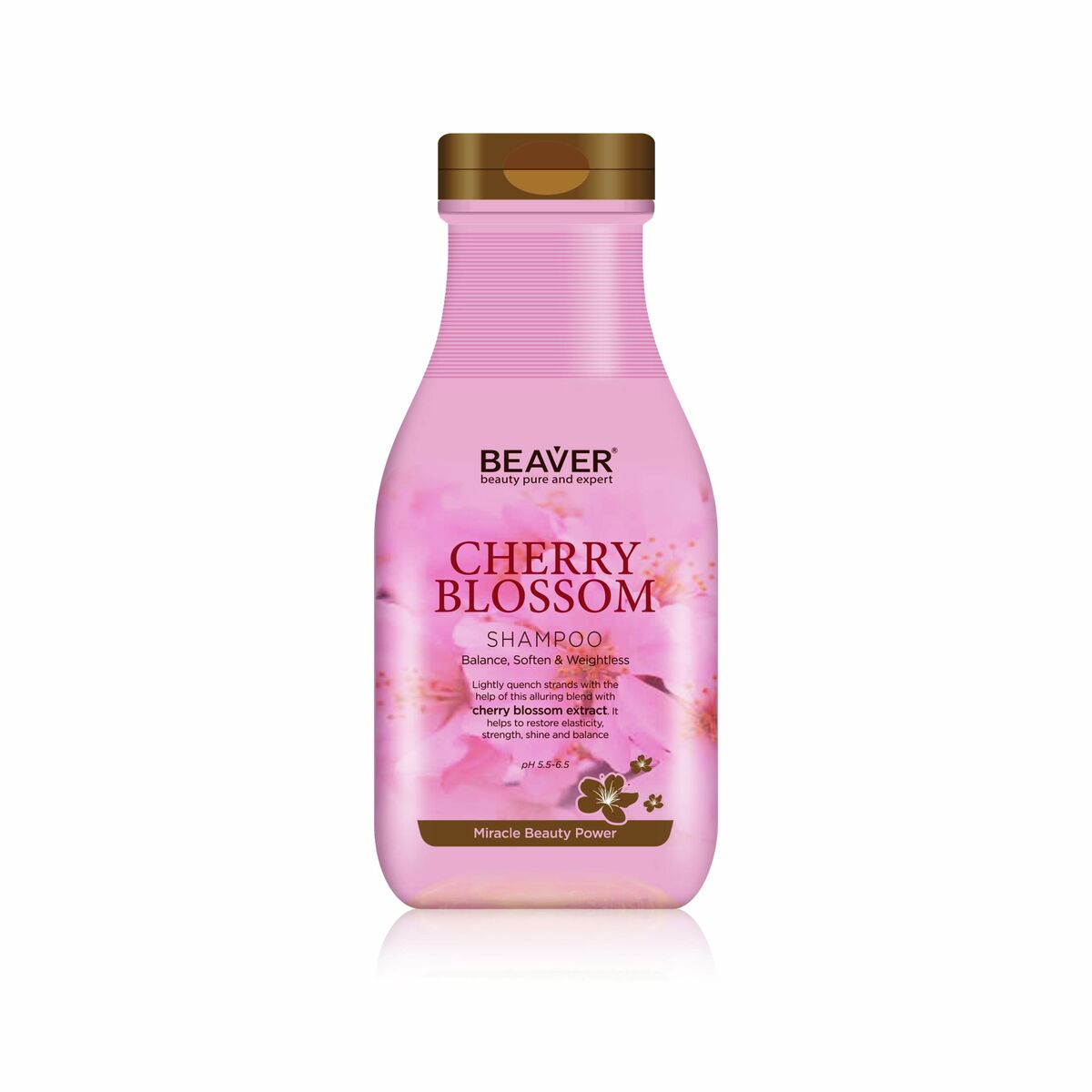 Beaver Cherry Blossom Shampoo 350ml bottle for shiny and soft hair, suitable for oily hair types, paraben-free.