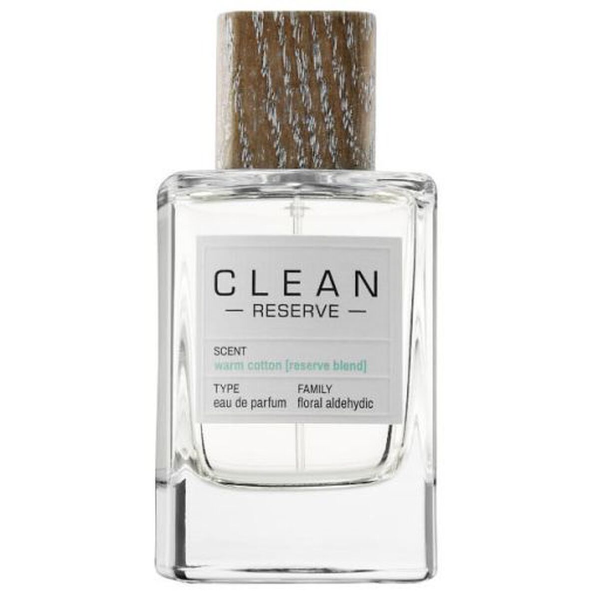 Parfum Unisexe Clean Clean Warm Cotton EDP 100 ml, fragrance bottle with a wooden cap, floral aldehydic scent.