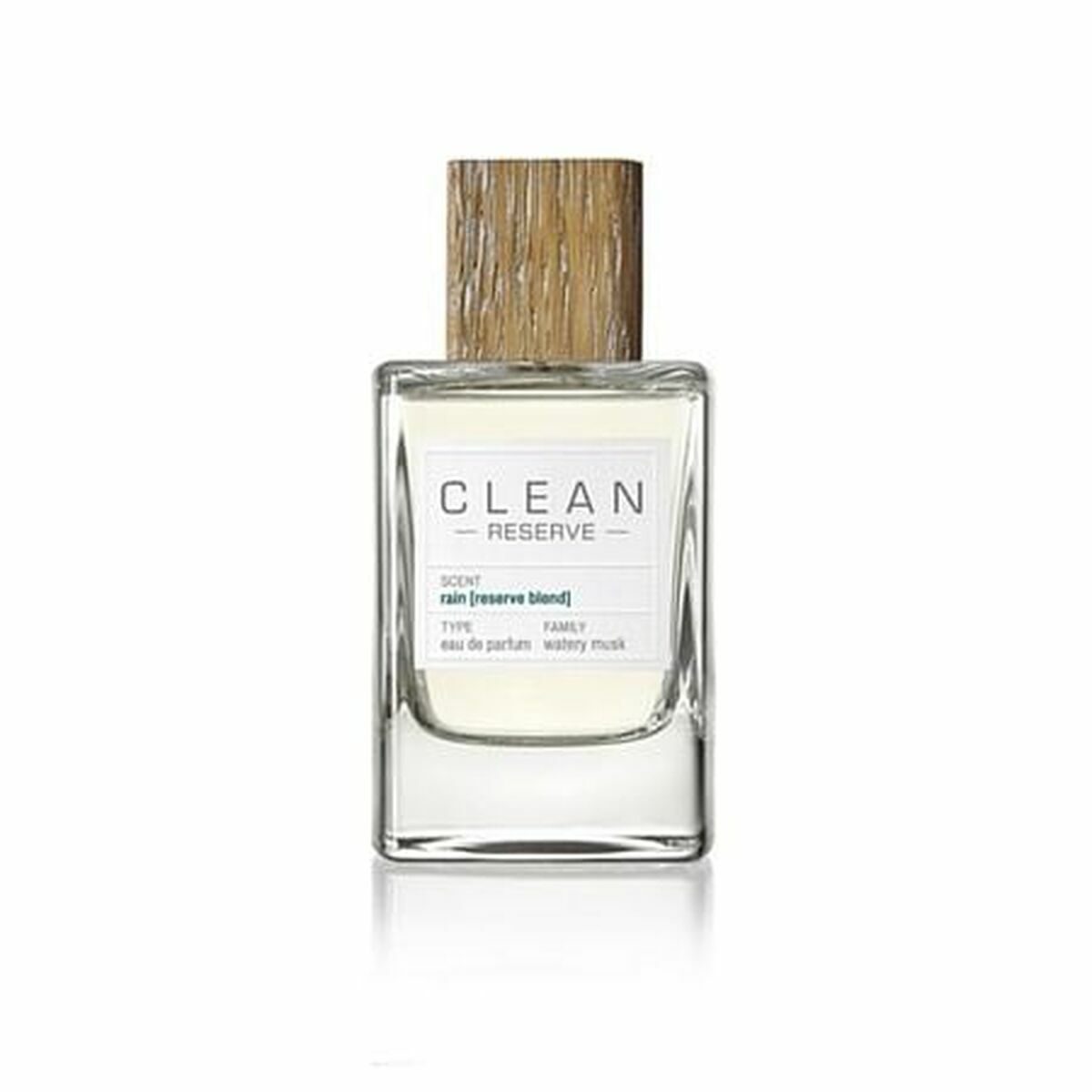 Bouteille de parfum Clean Reserve Rain, avec un design élégant en verre et un bouchon en bois.