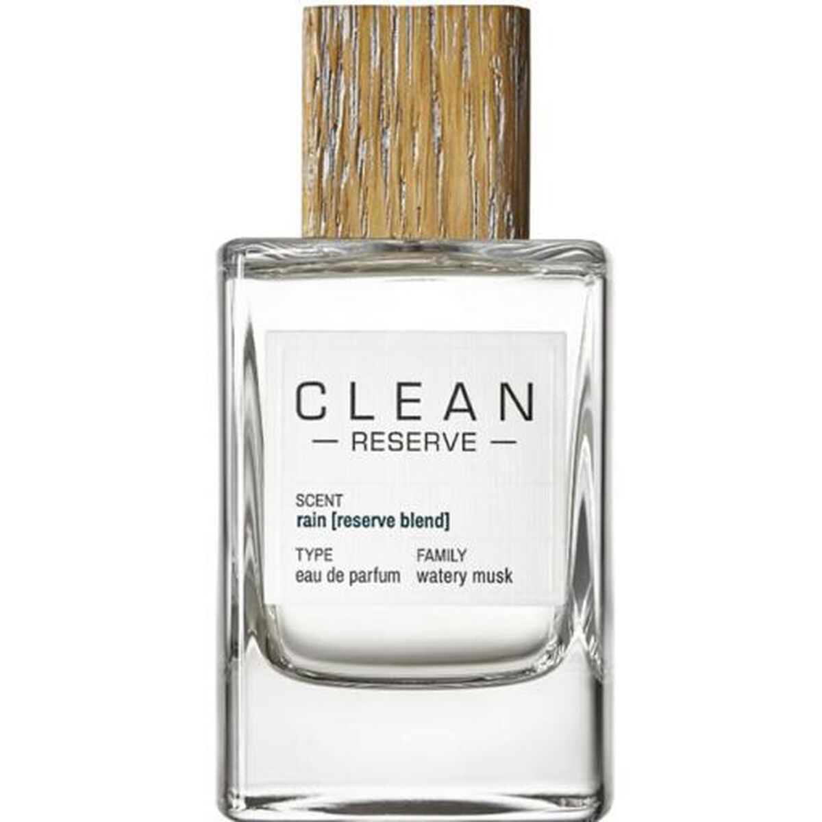 Bouteille de parfum CLEAN RESERVE Rain avec bouchon en bois, fragrance eau de parfum, arôme musqué aquatique.