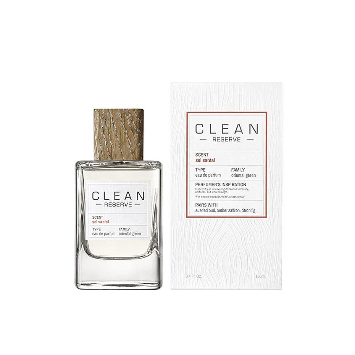 Parfum Unisexe Clean Sel Santal EDP 100 ml avec flacon en verre et bois, fragrance élégante, design minimaliste.