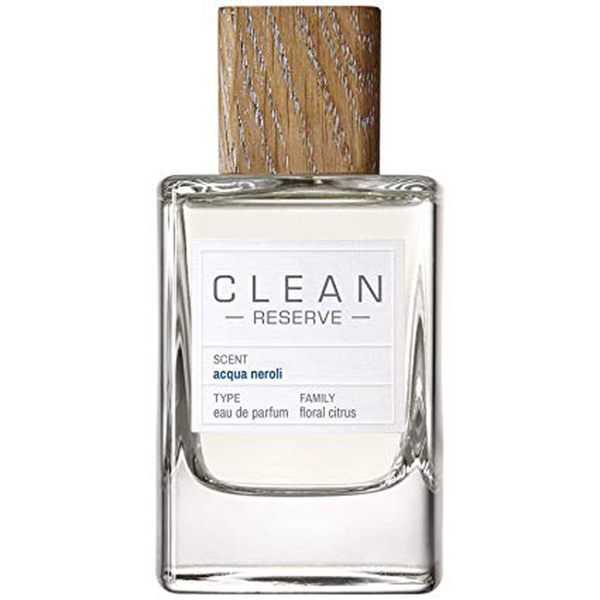 Parfum Unisexe Clean Acqua Neroli EDP 100 ml, flacon en verre avec bouchon en bois, fragrance florale et citrus.