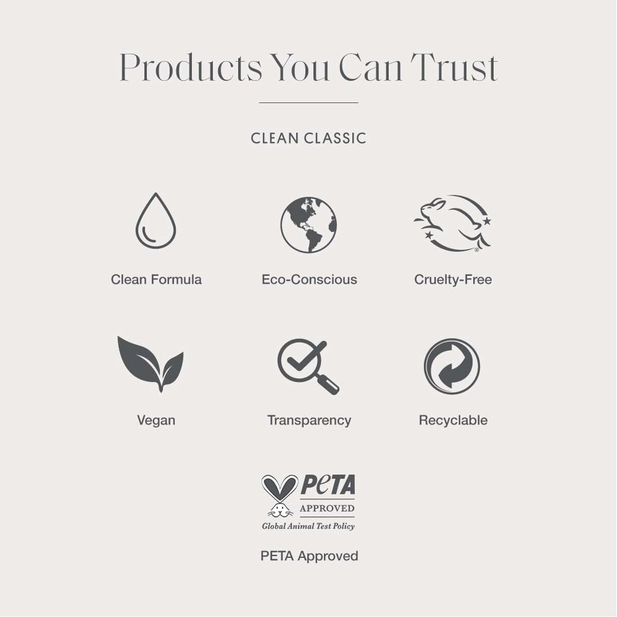 Icons representing clean, eco-conscious, cruelty-free, vegan, transparent, and recyclable products.